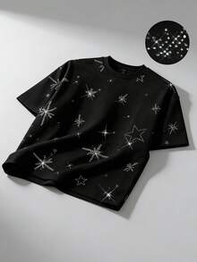 ROMWE MEN 2026春夏新款男士休闲时尚水钻装饰短袖T恤，男女通用情侣圆领T恤 - 黑色 - 查看 1