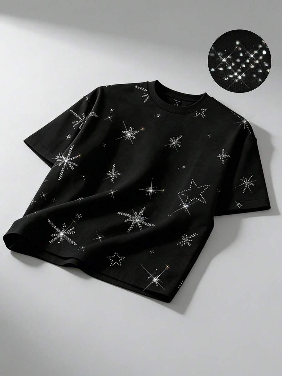 ROMWE MEN 2026春夏新款男士休闲时尚水钻装饰短袖T恤，男女通用情侣圆领T恤 - 黑色 - 查看 1