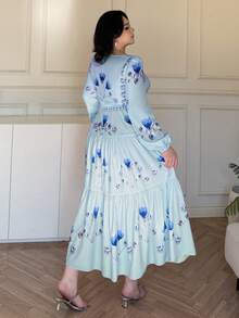 Vibekara 优雅法式方领印花长连衣裙，休闲百搭，适合约会和聚会，粉色，大码 - 藍色 - 查看 2