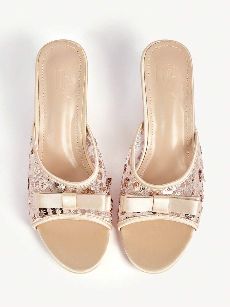 CUCCOO CHICEST Women's Shoes Fashion Mesh Sequins Round Toe Bow High Heel Sandals Women's Sexy Elegance Comfortable Versatile Thick Heel Slippers Summer Shoes Wedding Shoes Bride Shoes