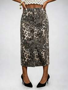 SHEIN ICON 女士豹纹开衩牛仔裙 - 彩色 - 查看 6