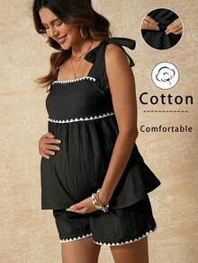 SHEIN Trang phục mùa hè, Quần áo bà bầu, Bộ đồ bầu 2 mảnh, Bộ áo hai dây và quần short phối màu tương phản cho bà bầu, Bộ đồ đi nghỉ mát hai mảnh bằng cotton kiểu Bohemian màu đen dành cho phụ nữ mang thai, với thiết kế phối màu tương phản và cạp chun co giãn thoải mái không gây khó chịu cho bụng bầu. Bộ đồ đi nghỉ mát cho nữ, Bộ đồ mùa hè phối hợp cho nữ, Trang phục nghỉ mát mùa hè cho nữ, Trang phục cotton cho nữ, Bộ đồ mùa hè phối hợp cho nữ, Trang phục mùa hè 2 mảnh dễ thương cho nữ, Trang phục mùa hè mới về cho nữ, Váy thường ngày cho nữ, Trang phục nghỉ mát mùa hè cho nữ, Váy đi nghỉ mát cho nữ, Váy mới về cho nữ, Váy dã ngoại thường ngày cho nữ, Trang phục du thuyền cho nữ, Váy chống nắng thường ngày, Bộ quần short thường ngày cho nữ, Trang phục nghỉ mát cho nữ, Trang phục du thuyền cho nữ, Trang phục mùa hè thường ngày cho nữ, Trang phục mùa hè thường ngày cho nữ, Trang phục thường ngày cho nữ, Bộ đồ hai mảnh quần short cho nữ, Bộ đồ cotton thoải mái mùa hè, Trang phục đi biển cho nữ - màu đen - Xem 2
