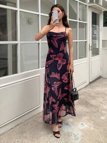 EastFlair 女士中国风蝴蝶印花网纱吊带裙，夏季女装，春季女装，情人节，圣帕特里克节，复活节，海滩度假装，外出装，黑色连衣裙，情人节连衣裙，派对连衣裙，优雅女士礼服，优雅女士派对连衣裙，奢华婚礼晚礼服，休闲连衣裙，正式连衣裙，碎花连衣裙 - 黑色 - 查看 6