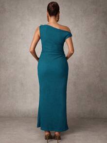 MaterniChic Maternity Solid Color Casual Everyday Dress, Asymmetrical Shoulder - Blue - View 6