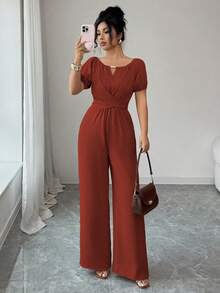 Rafferiza 女士优雅卡其色通勤木珠装饰圆领扭腰长袖阔腿连体裤 - 紅木色 - 查看 3