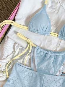 Bonvoyette Bộ đồ bơi nữ 3 món màu vàng, vải, màu xanh dương, kiểu buộc dây bên hông, cổ yếm. - Màu xanh lam - Xem 4