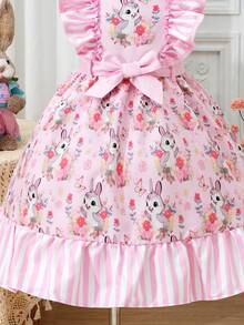 SHEIN Young Girl' Fashionable Sweet Spaghetti Strap Ruffle Hem Rabbit Patchwork Striped Cinched Waist Waist Summer Dress - Pink - View 4