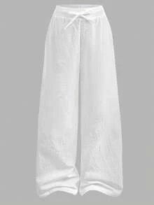 SHEIN 少女日常休闲基本款纯棉白裤，弹性腰带，阔腿裤，返校季棉质阔腿裤，亚麻阔腿裤，宽松夏季裤 - 白色 - 查看 3