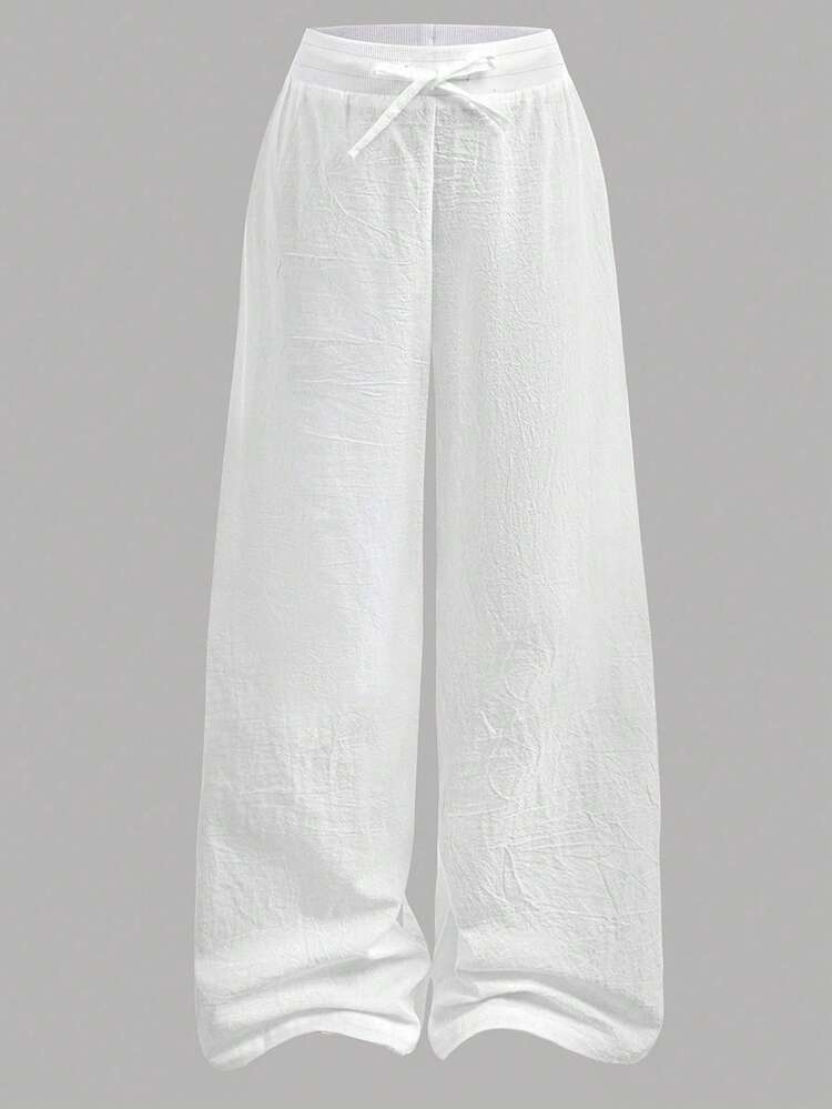 SHEIN Serisse Kids Teen Girl Pants Daily Wear Casual Basic 100%Cotton Elastic Waistband White Pants, Wide Leg Pants, Back To School Cotton Pants Girl Wide Leg Pants Linen Pants For Loose Pants Summer Pants - White - View 3