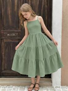 Emery Rose Kids Emery Rose Kids 少女度假休闲春夏纯色荷叶边蝴蝶结连衣裙，绿色，波西米亚风，适合海滩、海滨度假、母女装 - 綠色 - 查看 4