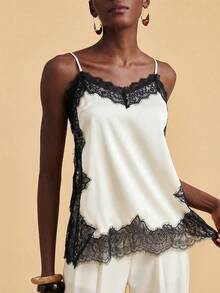 Travachic Canotta casual da donna in pizzo e patchwork - Bianco e nero - Visualizzare 4