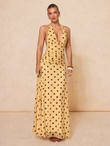 Lumalex 波点柔软舒适网纱垂褶领口褶皱腰身连衣裙，搭配宽松裙摆，适合女性穿着 - 黃色 - 查看 8