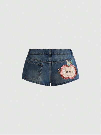 ROMWE Kawaii Quần short denim siêu ngắn cạp siêu thấp, họa tiết kẻ caro cổ điển dễ thương, thêu hình quả táo.