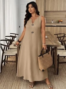 EMERY ROSE Plus Size V-Neck Sleeveless Loose Casual Long Dress - Coffee Brown - View 4