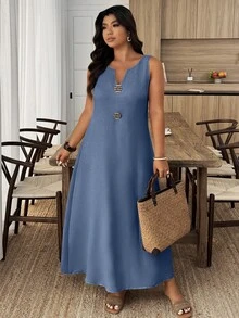 EMERY ROSE Plus Size V-Neck Sleeveless Loose Casual Long Dress - Baby Blue - View 4