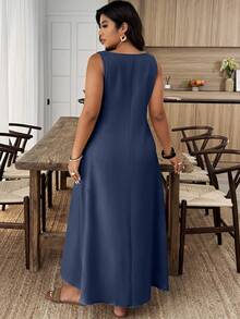 EMERY ROSE 大码女式夏季休闲度假风V领无袖宽松连衣裙 - 藍色 - 查看 2