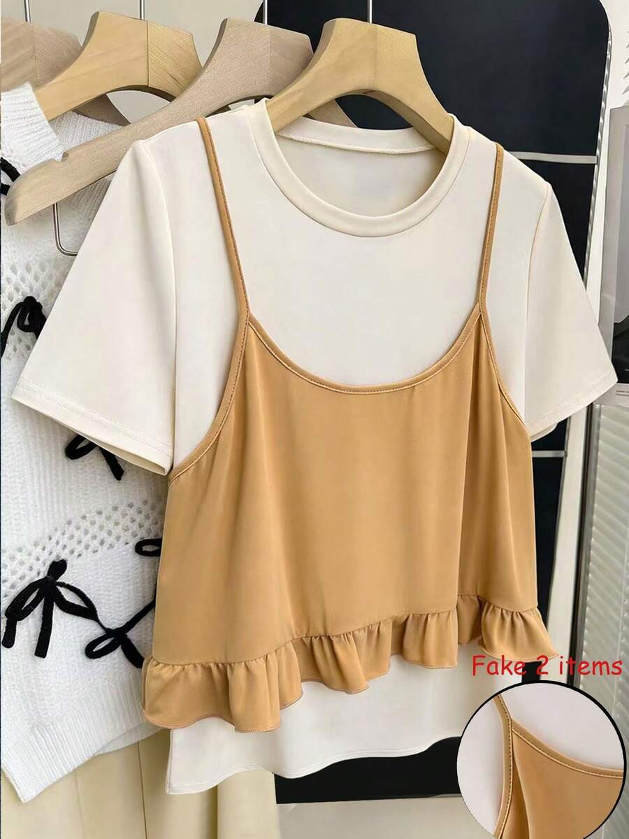 Resyla Women's Summer Casual Ruffle Hem 2 In 1 T-Shirt - Multicolor - View 1