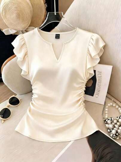 Franclia 女士优雅圆领V领褶皱修身衬衫，杏色衬衫，优雅女士套装，女士夏季服装，夏季上衣，嘉年华女士服装，婚礼及活动，女士度假套装，府绸面料，圆领，V领，侧边褶皱，插肩袖上衣，时尚百搭，优雅职业装，短袖衬衫