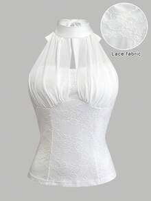 Airaco Women's Elegant Jacquard Backless Tie-Front Halter Top, Sexy Beach Vacation Style - White - View 2