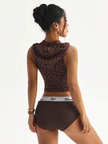 Dewbera Seamless Ribbed High Elasticity Leopard Jacquard Fitness Casual Daily Running Sports Hooded Jacket - Brown - View 3