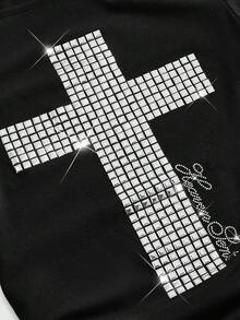 ROMWE Plus Size Y2K Women's Sexy Batwing Sleeve T-Shirt With Cross Rivet Design - Black - View 3