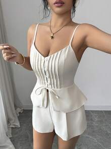 Selianne Bộ đồ công sở thanh lịch dành cho nữ, gồm áo hai dây dáng ôm, dây mảnh, xếp ly, thắt eo phía trước, quần ống rộng cạp cao hai dây, bộ vest thường ngày cổ điển cho nữ mùa xuân/hè, áo hai dây và áo nịt eo thiết yếu cho việc đi làm và du lịch. - Màu be - Xem 4