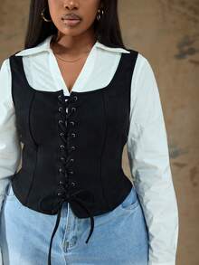 Truni 大码纯色前系带宽松休闲衬衫 - 黑色 - 查看 4