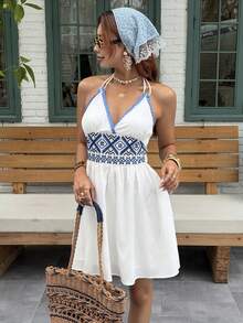 SHEIN Frenchy Women's Summer Casual Geometric Webbing Halter Mini Dress, Dresses For Women, Dress For Woman, Beach Holiday Vacation Outfit For Women Dress, Zanea Dress For Woman, Yisikado Dress Sun Dresses For Women Boho Holiday White And Blue - Baby Blue - View 7