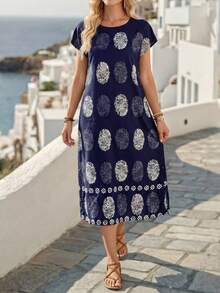 EMERY ROSE 女士圆领全印花夏季短袖连衣裙 - 藏蓝色 - 查看 1