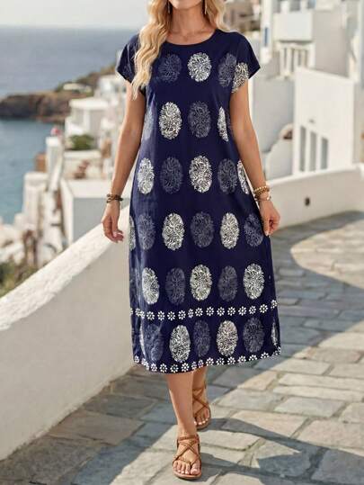 EMERY ROSE Women's Round Neck All-Over Print Summer Short Sleeve Dress