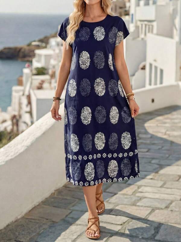 EMERY ROSE Women's Round Neck All-Over Print Summer Short Sleeve Dress