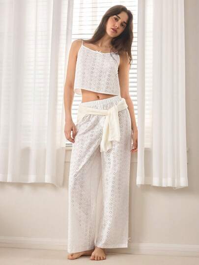Ocili Cotton Embroidered Shell Button Soft Lace-Up Minimalist Shorts, Comfortable Simple Women Pajama Bottoms, Loungewear