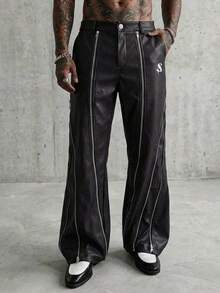 AXEPEAK Men's Zipper Decor Button Casual Wide Leg Pants - Black - View 8