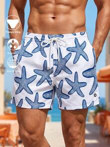 Horizaway 男士海星印花休闲沙滩短裤 - 藍色 - 查看 1