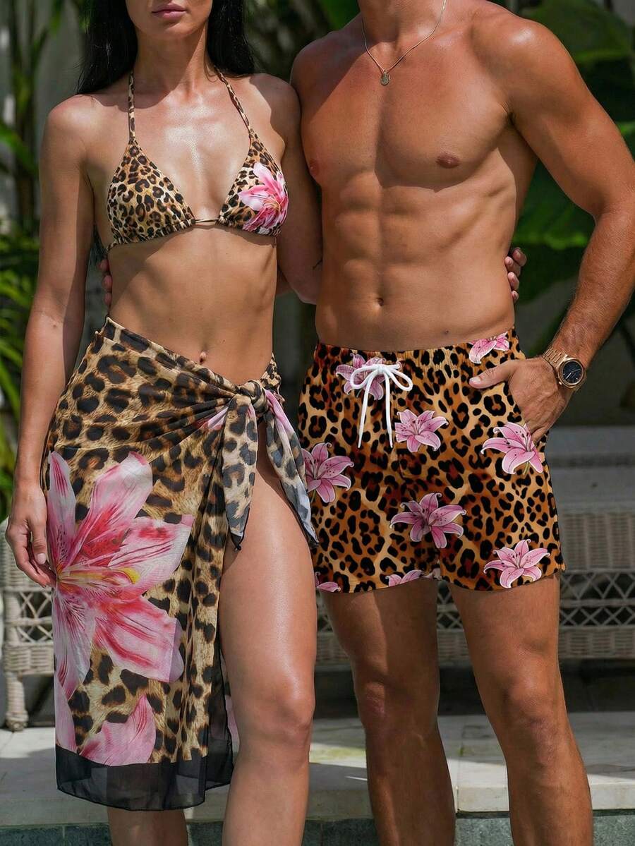 Manfinity Swimmode 男士豹纹花卉印花抽绳腰宽松沙滩短裤，带侧袋，夏季 - 彩色 - 查看 1