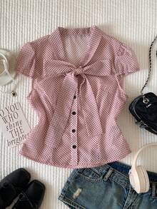 Comfortcana Women's Elegant Pink Polka Dot Tie Neck Cap Sleeve Blouse,Summer Tea Party Casual Top,Holiday Y2k Work Outfits,Country Style Button Front Shirt - Pink - View 1