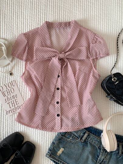 Comfortcana 2026 New Arrival Spring/Summer Women's Casual Polka Dot Print Tie Neck Cap Sleeve Blouse Casual Blouses For Women Holiday Outfits For Women Y2k Work Outfits For Women Country  Polka Dot Pink Top