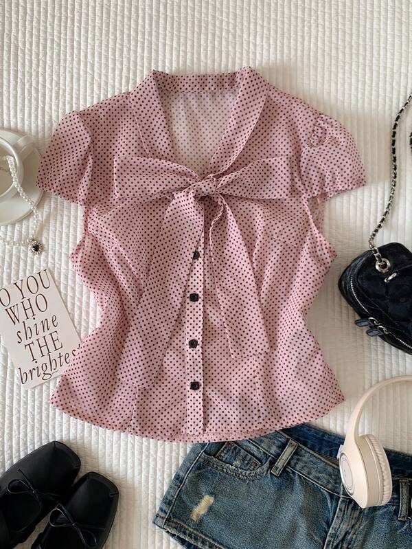 Comfortcana 女士休闲波点印花系领短袖衬衫