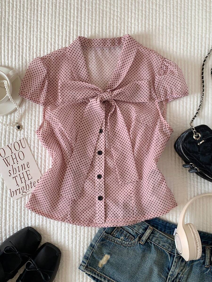Comfortcana Women's Elegant Pink Polka Dot Tie Neck Cap Sleeve Blouse,Summer Tea Party Casual Top,Holiday Y2k Work Outfits,Country Style Button Front Shirt - Pink - View 1