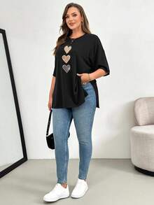 SHEIN Essnce Heart Print Hem Slit Plus Size T-Shirt - Multicolor - View 8