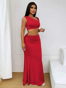 Zolique 女士服装 Sumeer Clean Fits 纯色不对称领露脐上衣和美人鱼裙摆半身裙灰色设计两件套 - 紅色 - 查看 8