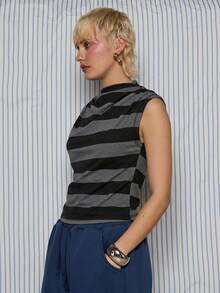 COUREZ Áo thun tay ngắn dáng bất đối xứng kẻ sọc / Áo tay ngắn phong cách Y2K, Áo đi chơi, Áo nữ mùa hè, Áo xanh dương, Áo dễ thương, Áo mùa hè, Trang phục mùa hè. - Nhiều màu - Xem 4