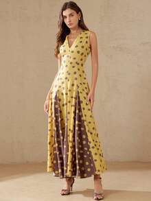 Aveloria Rosie 优雅的法式复古波点深V领无袖收腰撞色下摆连衣裙，适合约会和度假穿着。 - 彩色 - 查看 4