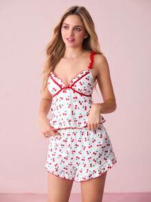 Bonmuse Cherry Printed Frilled Trim Decor Women Pajama Set Holiday Seasonfor Summer - Multicolor - View 5