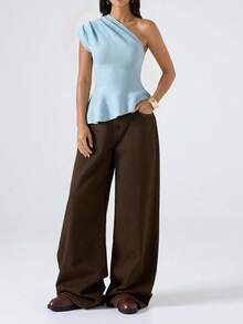 LYSMO 2026 New Minimalist Spring Women's Solid Color Asymmetric Neckline Ruched Elegant Knit Top, Blue - Baby Blue - View 5