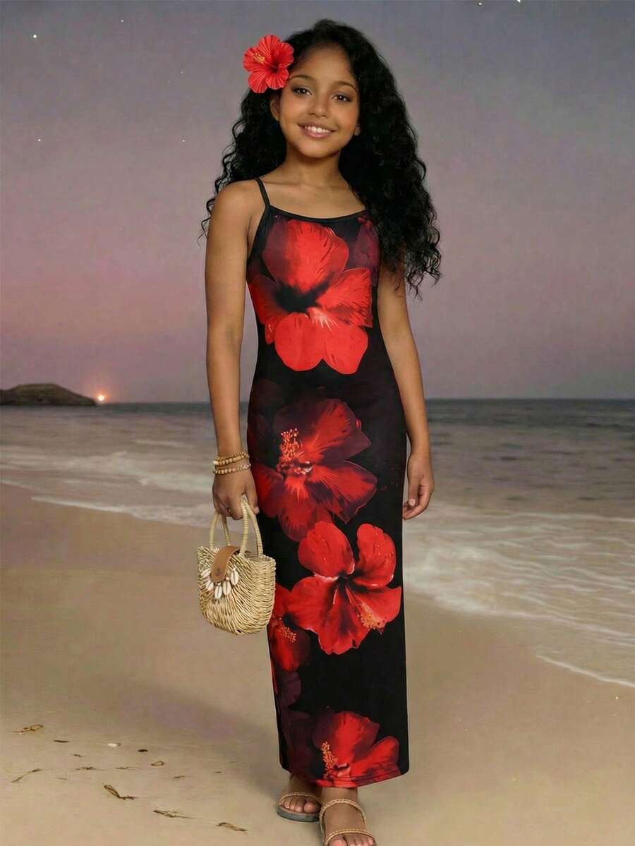 Tween Girls' Summer Vacation Floral Print Camisole Dress - Black - View 1