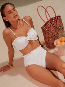 Swim Lushoire 两件套女士夏季沙滩度假纯色提花波点吊带珍珠纽扣黑色蕾丝边上衣和高腰黑色蕾丝边比基尼套装荷叶边比基尼套装高腰泳衣套装女士两件套泳衣沙滩两件套贝壳比基尼女士两件套泳衣女士泳衣两件套女士夏季套装两件套女士度假套装女士夏季套装 - 白色 - 查看 5