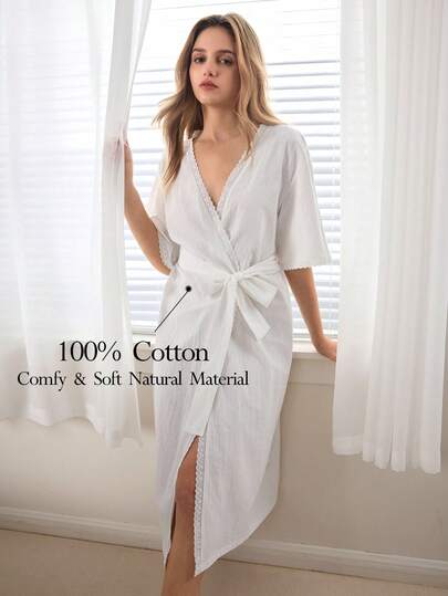 Ocili Women's Solid Color Tie-Wrap Robe