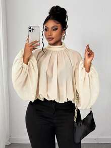 Maweii Plus Size Solid Color Turtleneck Lantern Sleeve Fashionable Cropped Shirt - Apricot - View 2