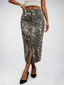 SHEIN ICON 女士豹纹开衩牛仔裙 - 彩色 - 查看 5